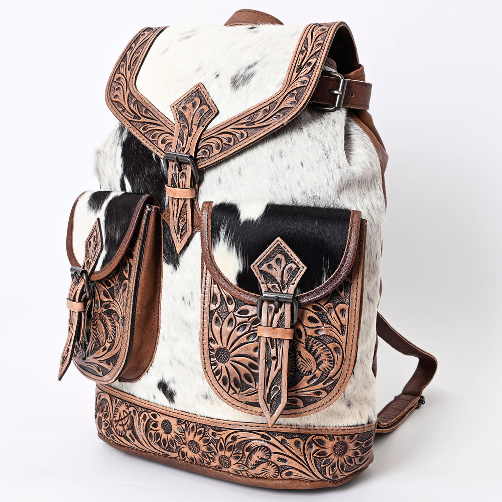 ADBG703B Hair-On Cowhide Backpack Becca with Hand-Tooled Leather & Dual Front Pockets