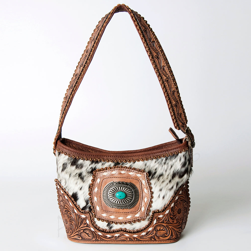 LC-ADBG710 Western Cowhide Hobo Bag with Turquoise Concho & Tooled Leather Strap