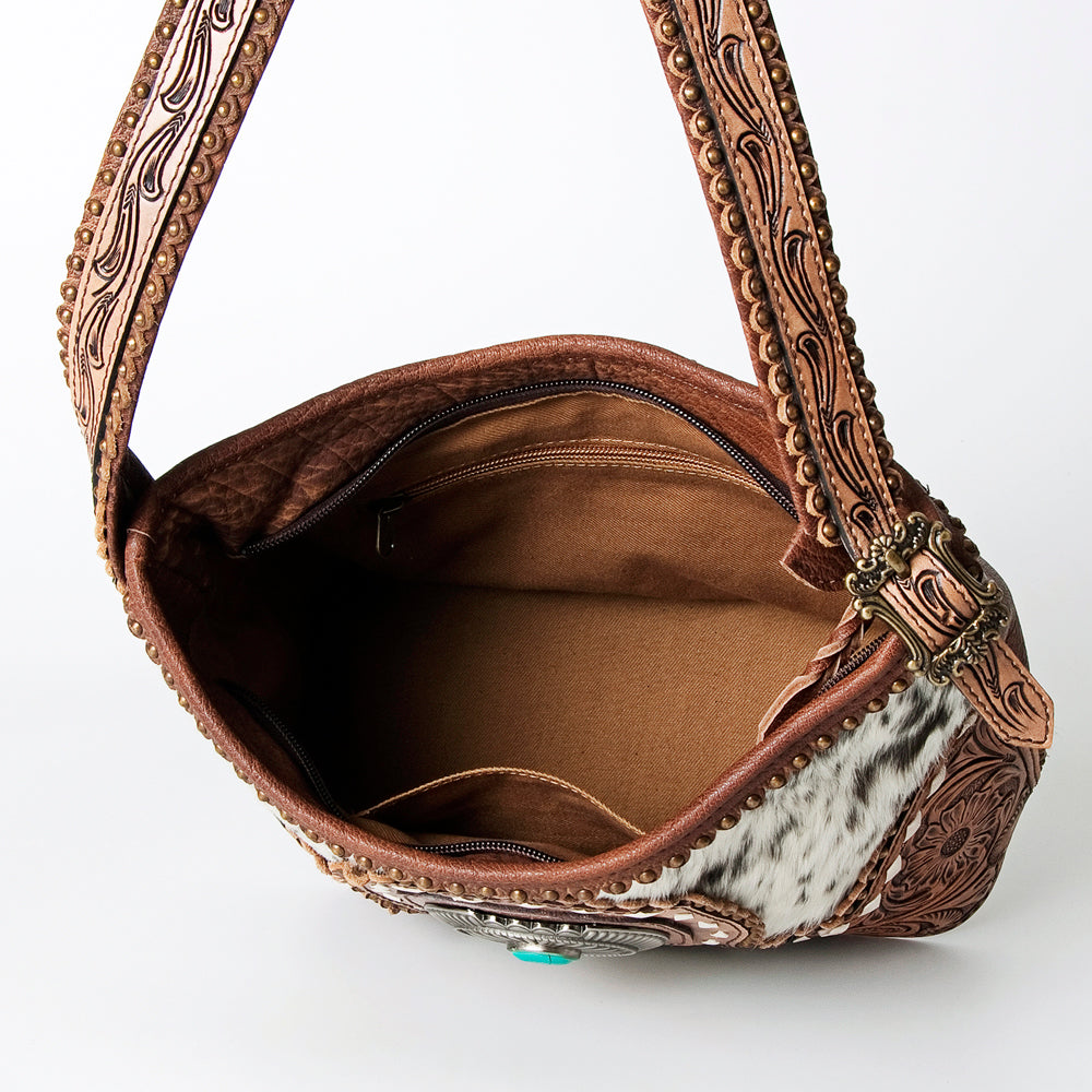 LC-ADBG710 Western Cowhide Hobo Bag with Turquoise Concho & Tooled Leather Strap