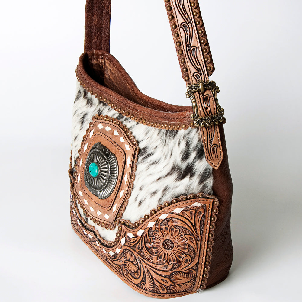 ADBG710 American Darling Western Cowhide Shoulder Bag with Turquoise Concho & Tooled Leather Strap