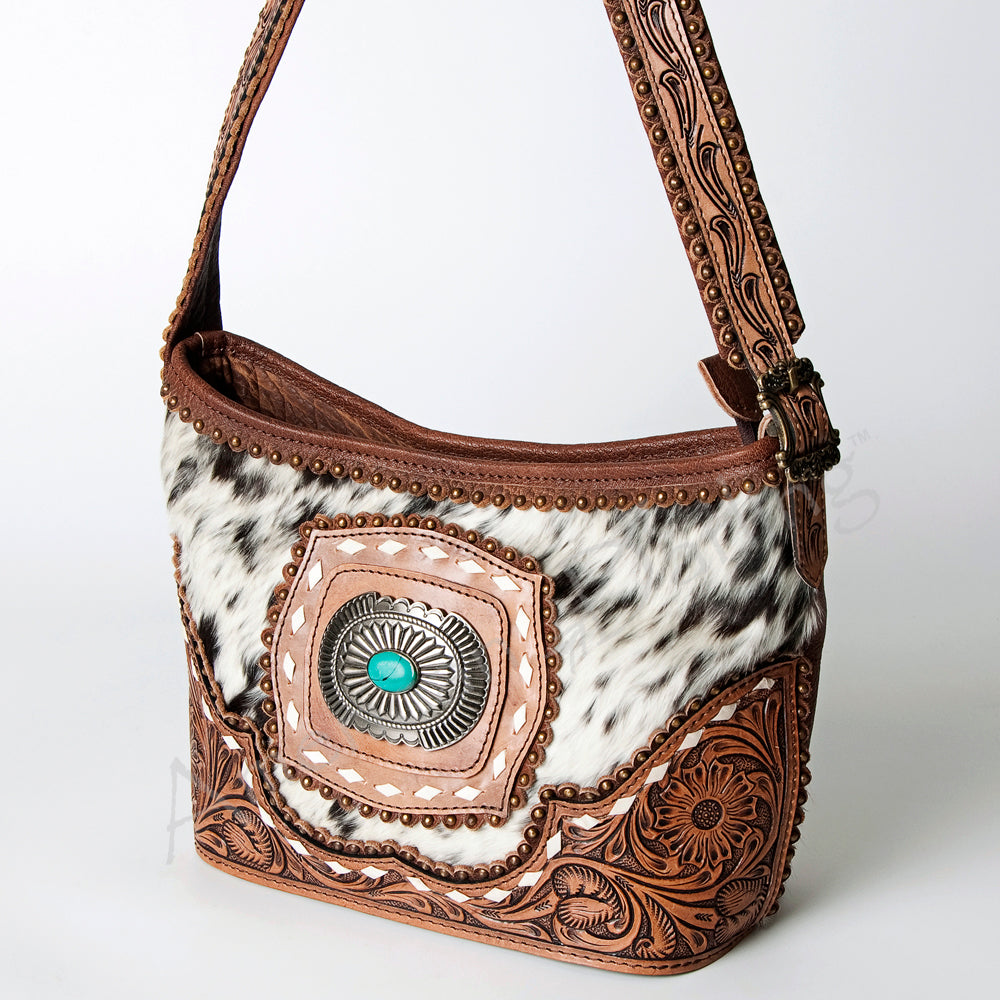 LC-ADBG710 Western Cowhide Hobo Bag with Turquoise Concho & Tooled Leather Strap
