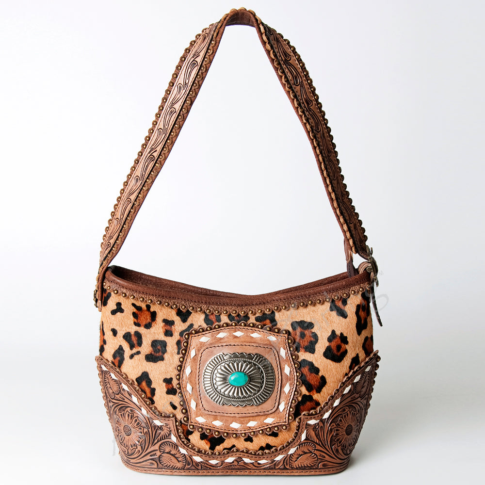 LC-ADBG710 Western Cowhide Hobo Bag with Turquoise Concho & Tooled Leather Strap