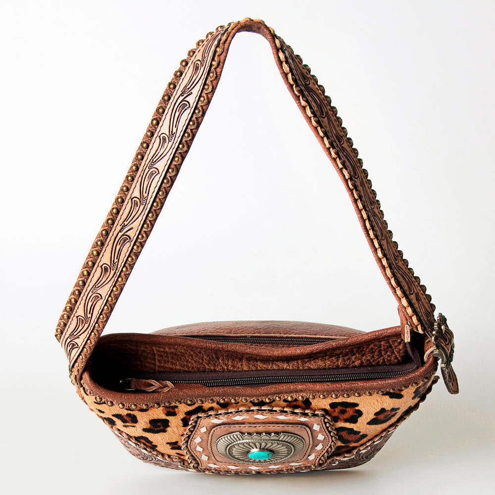 LC-ADBG710 Western Cowhide Hobo Bag with Turquoise Concho & Tooled Leather Strap