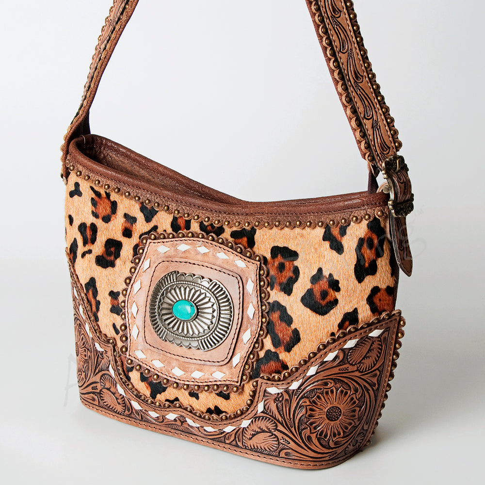 LC-ADBG710 Western Cowhide Hobo Bag with Turquoise Concho & Tooled Leather Strap