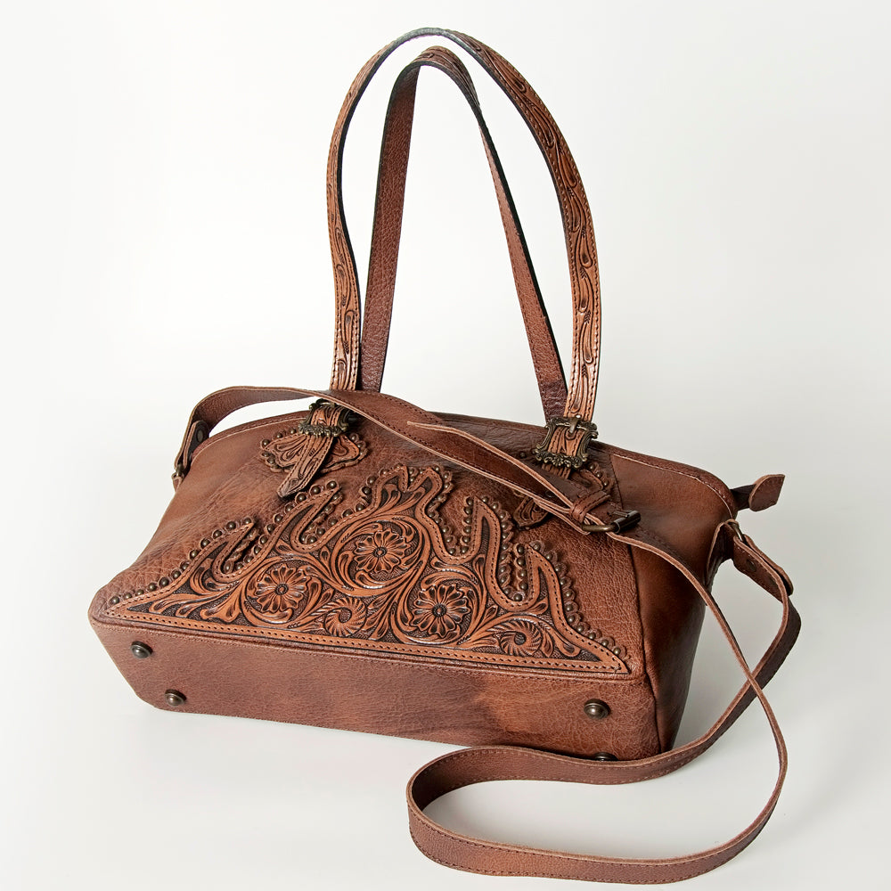 LC-ADBG711A Western Tooled Leather Tote Bag with Buckle Detail & Crossbody Strap