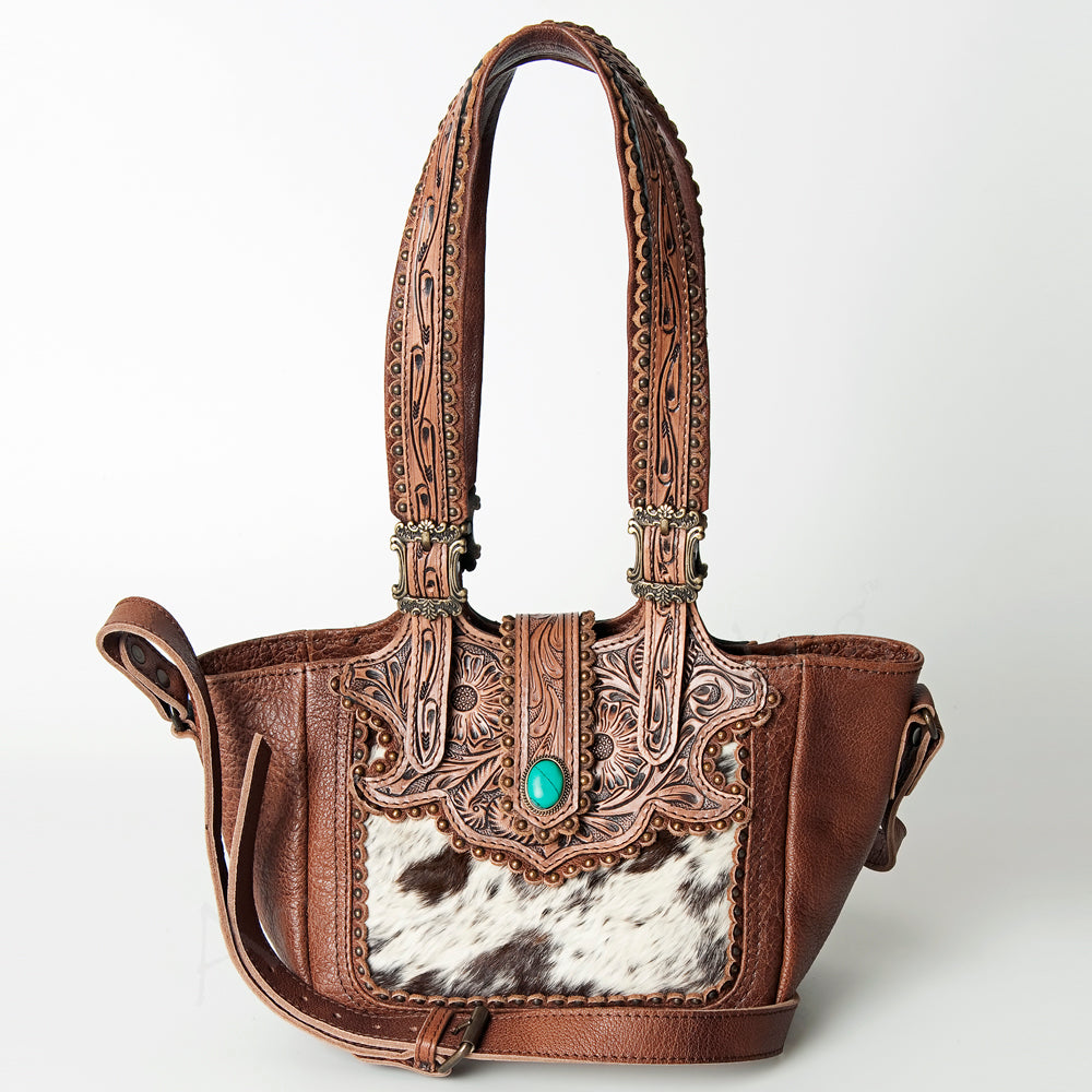 LC-ADBG712 Cowhide & Tooled Leather Western Tote Bag with Turquoise Stone Accent