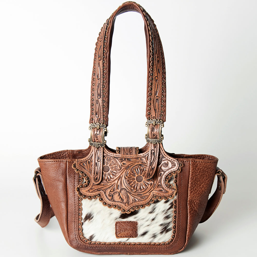 LC-ADBG712 Cowhide & Tooled Leather Western Tote Bag with Turquoise Stone Accent