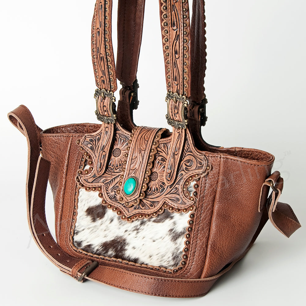 LC-ADBG712 Cowhide & Tooled Leather Western Tote Bag with Turquoise Stone Accent