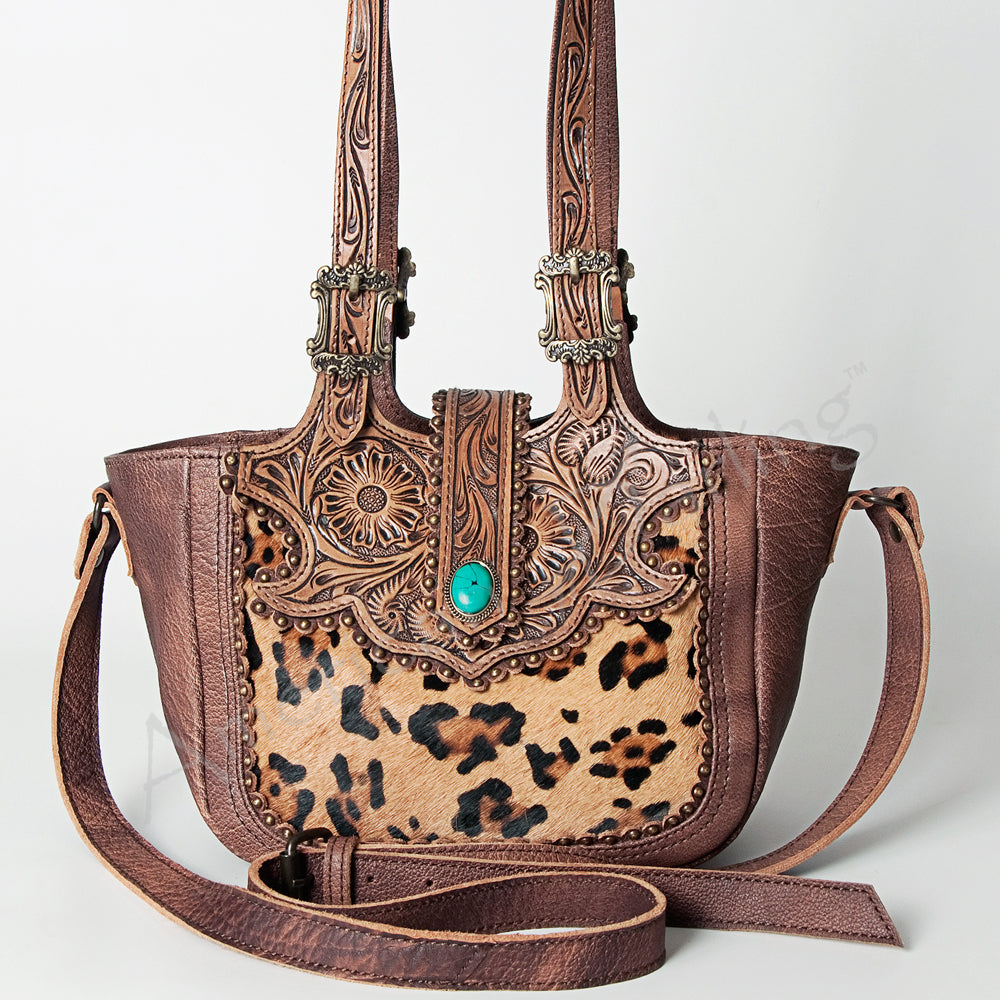 LC-ADBG712 Cowhide & Tooled Leather Western Tote Bag with Turquoise Stone Accent