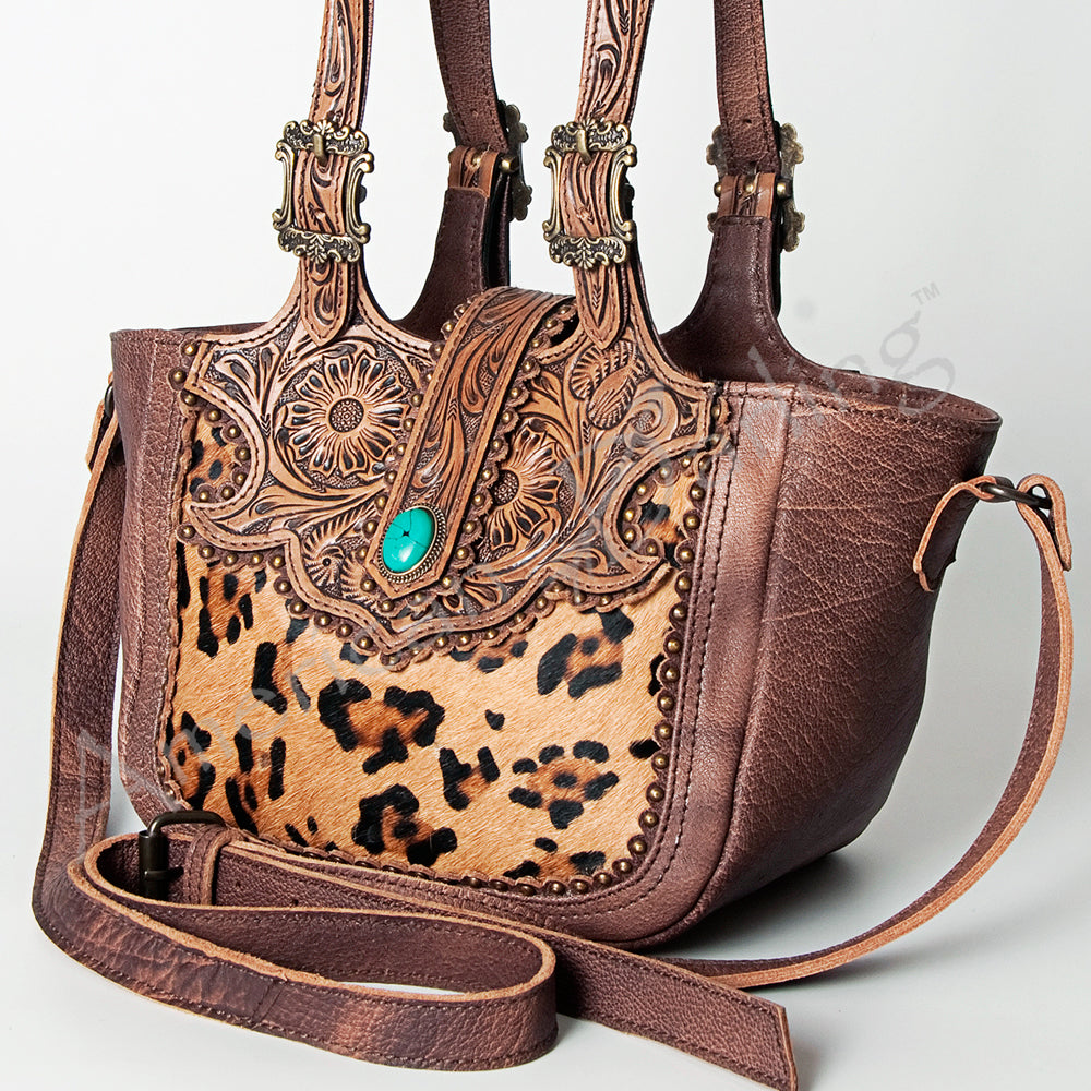 LC-ADBG712 Cowhide & Tooled Leather Western Tote Bag with Turquoise Stone Accent
