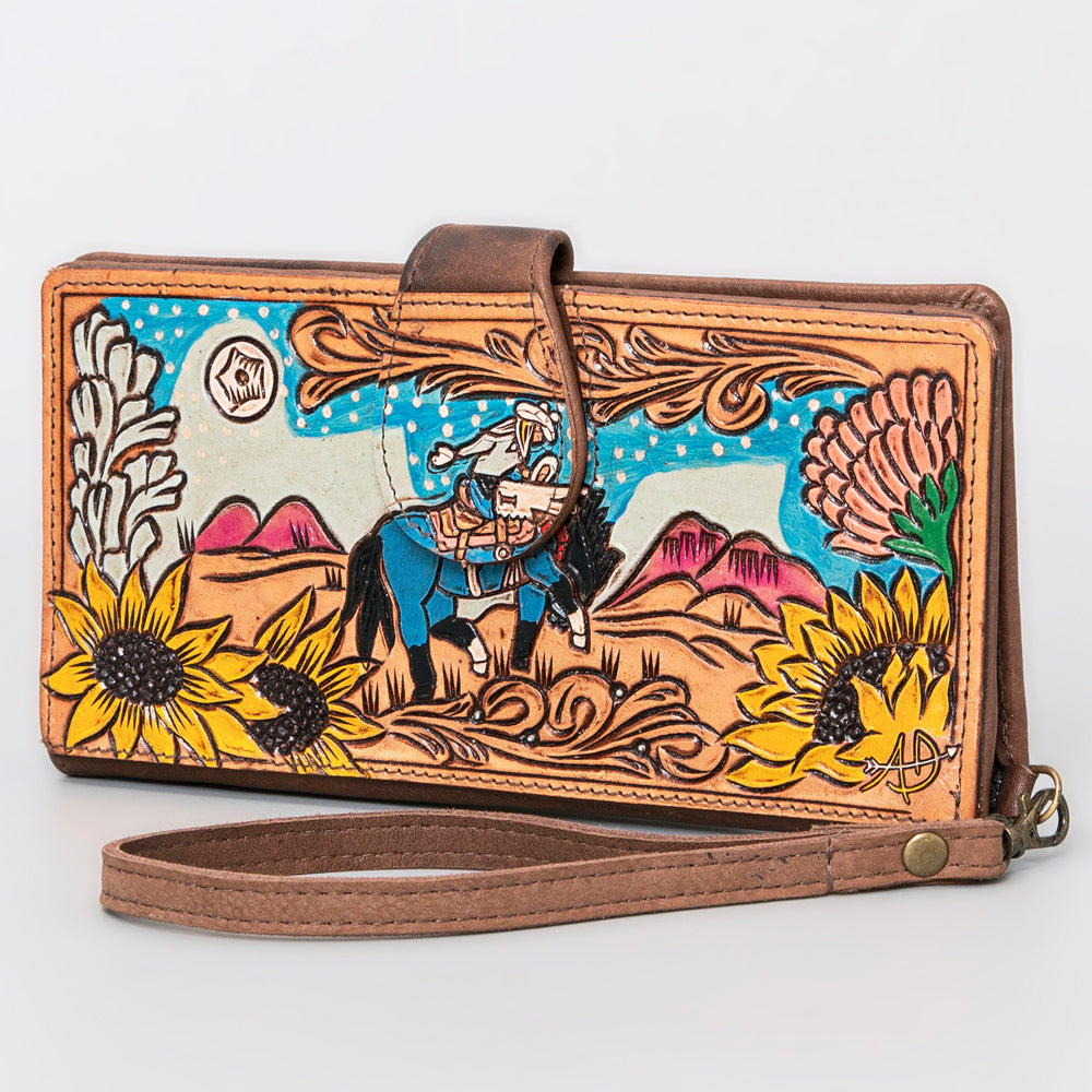 ADBGM103 Western Floral Tooled Leather Wristlet with Handcrafted Rodeo Art