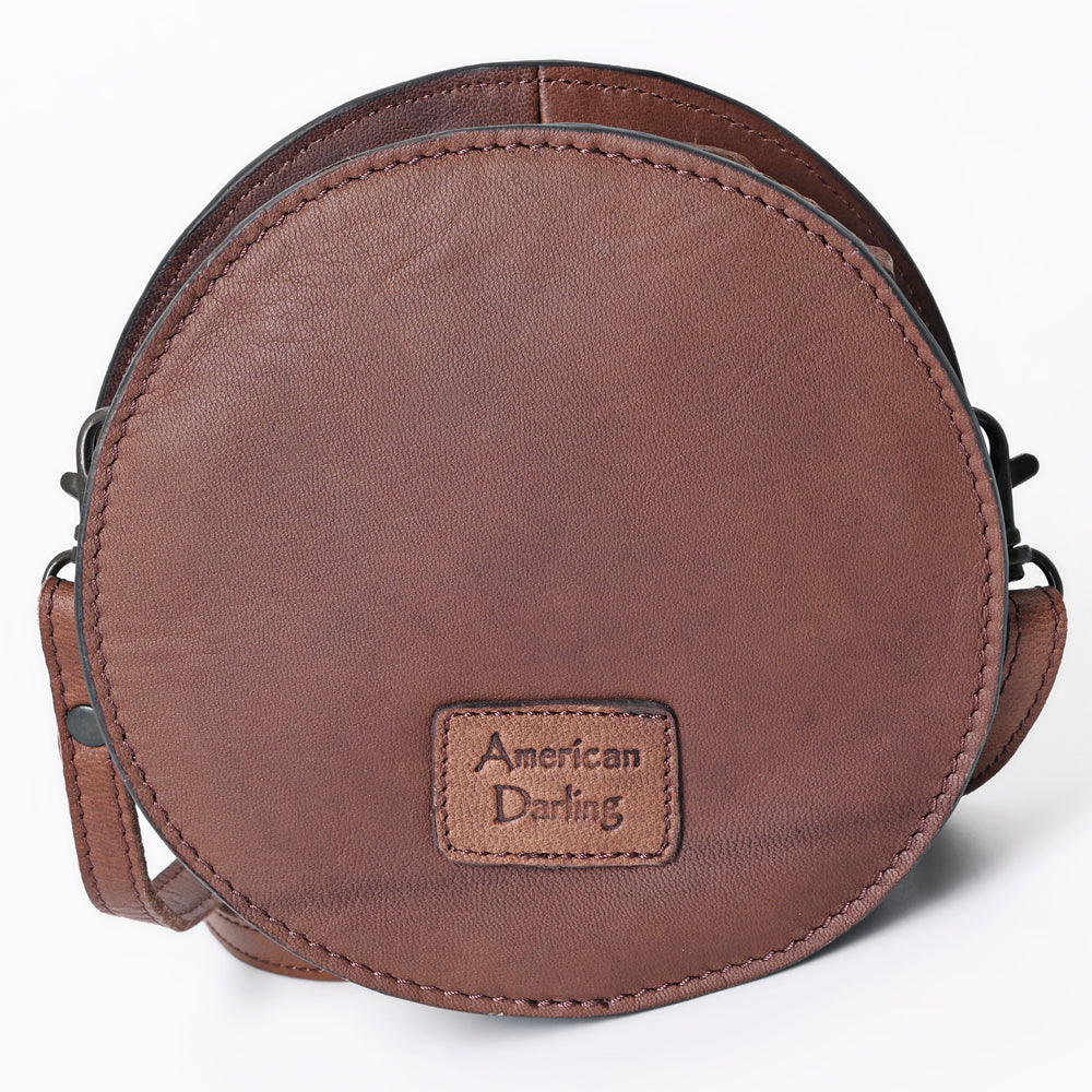 ADBGZ389 Round Cowhide & Tooled Leather Canteen Bag - Western Hair-On Hide Circle Purse