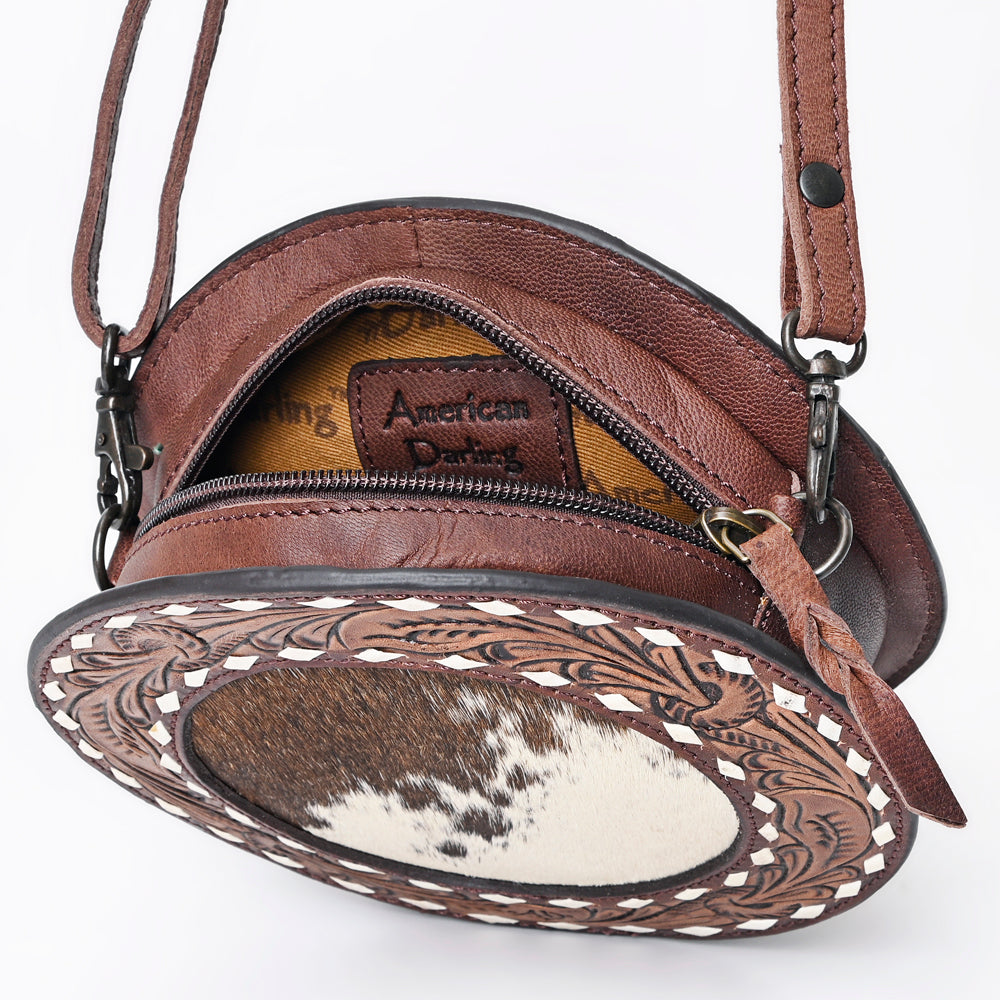 ADBGZ389 Round Cowhide & Tooled Leather Canteen Bag - Western Hair-On Hide Circle Purse