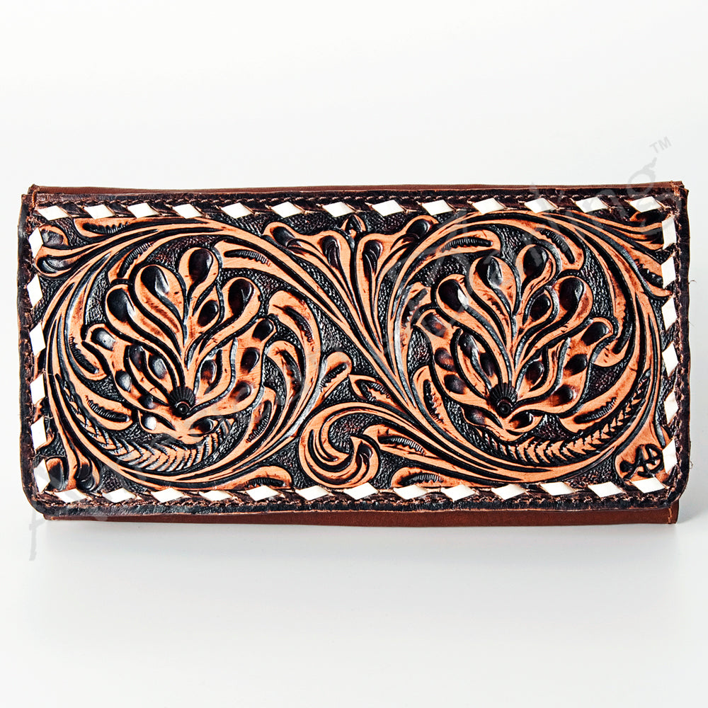 LC-ADBGZ393 Hand Tooled Leather Wallet - Western Floral Design with Whipstitch Edge