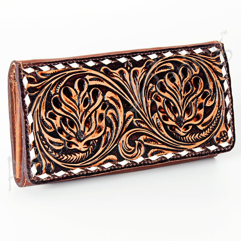 LC-ADBGZ393 Hand Tooled Leather Wallet - Western Floral Design with Whipstitch Edge