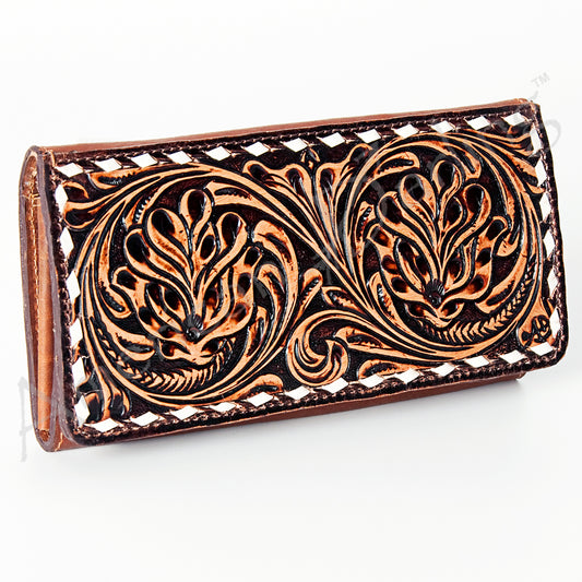 LC-ADBGZ393 Hand Tooled Leather Wallet - Western Floral Design with Whipstitch Edge