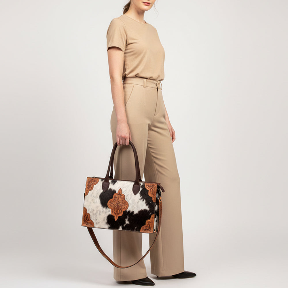 LC-ADBGZ400 Cowhide Tote Bag with Tooled Leather Accents - Western Handcrafted Shoulder & Crossbody Bag