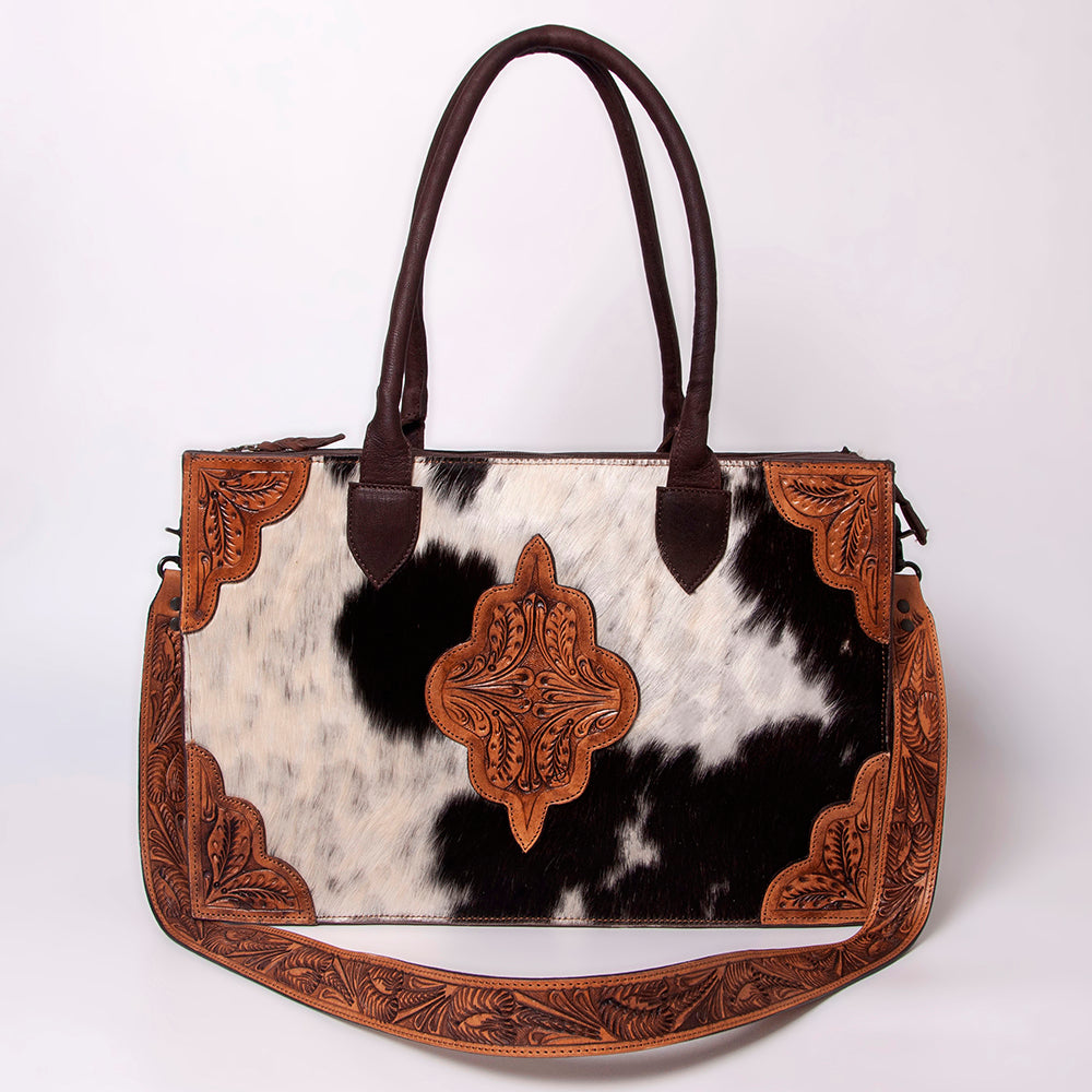 LC-ADBGZ400 Cowhide Tote Bag with Tooled Leather Accents - Western Handcrafted Shoulder & Crossbody Bag