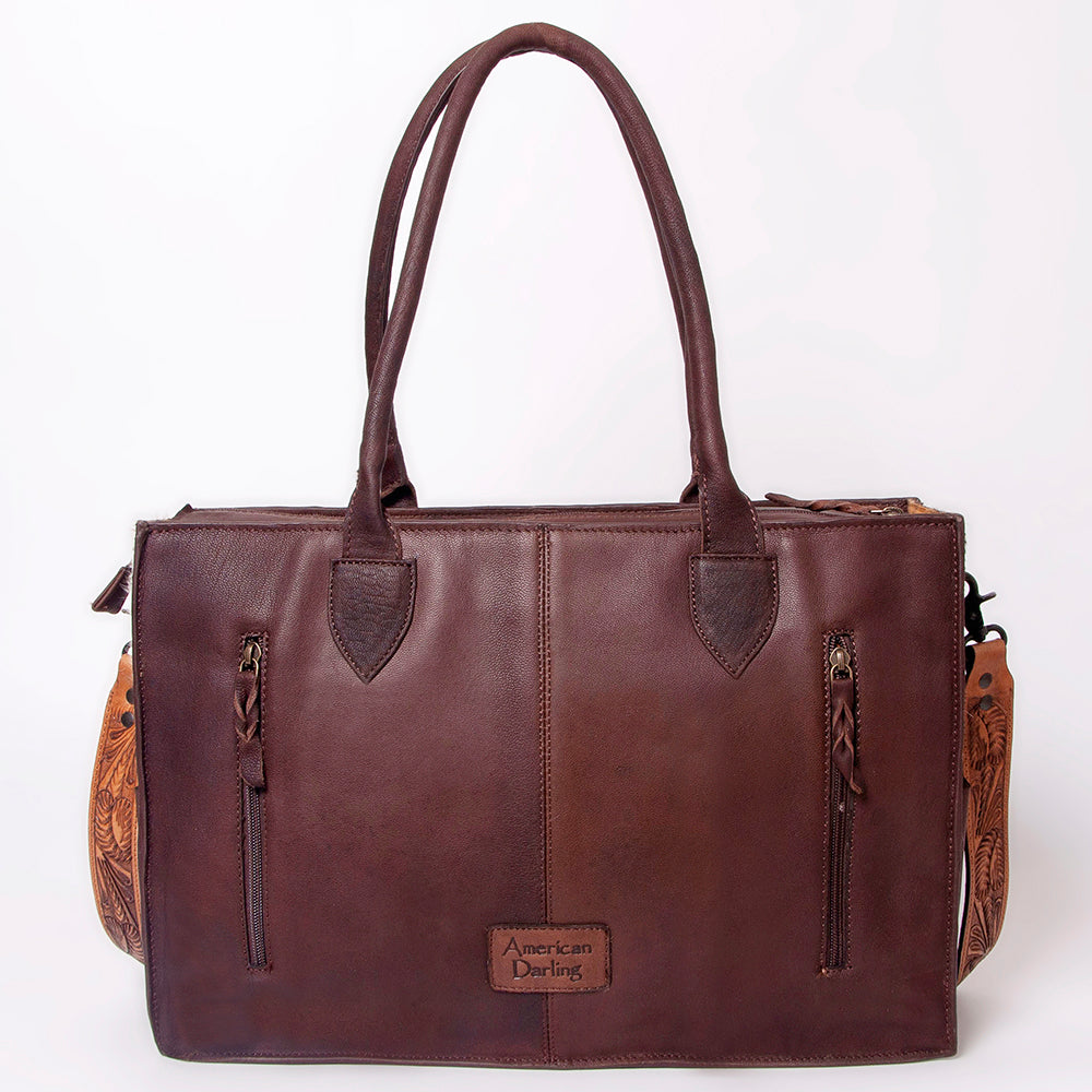 LC-ADBGZ400 Cowhide Tote Bag with Tooled Leather Accents - Western Handcrafted Shoulder & Crossbody Bag