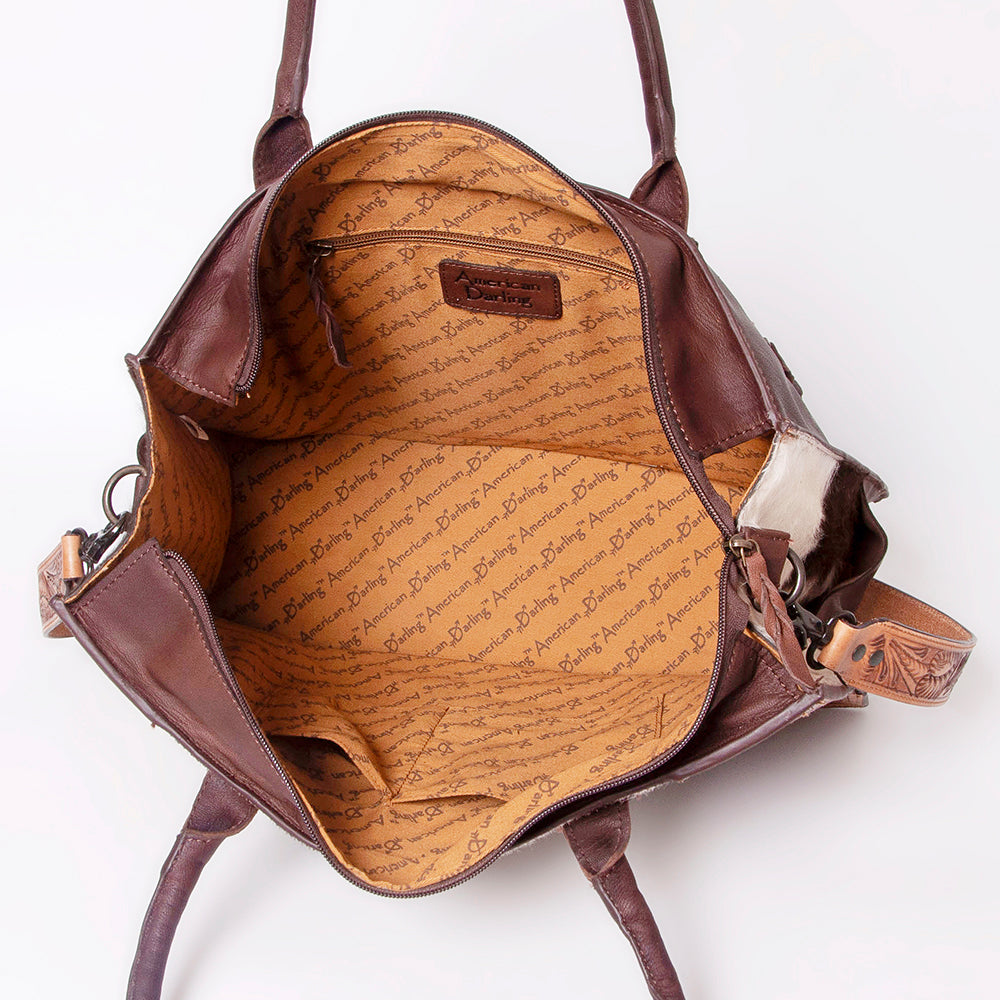 LC-ADBGZ400 Cowhide Tote Bag with Tooled Leather Accents - Western Handcrafted Shoulder & Crossbody Bag