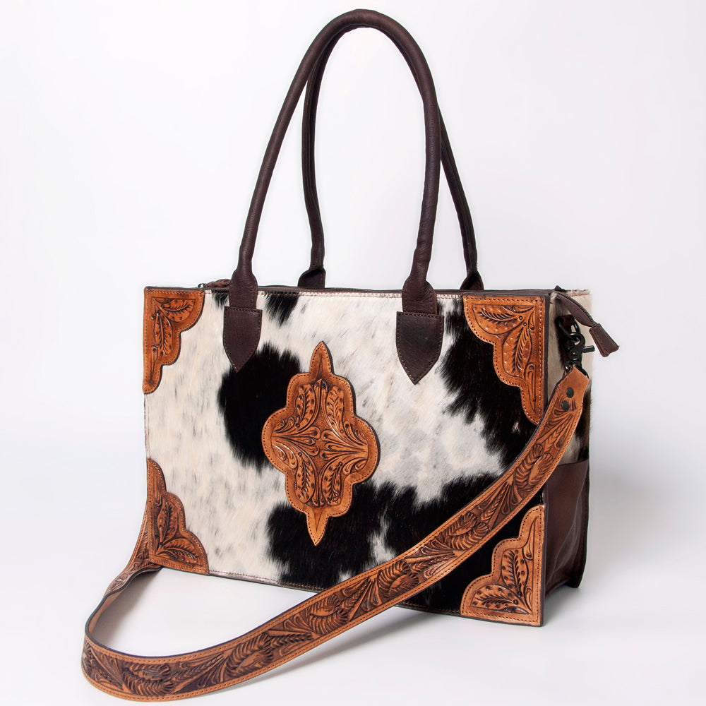 LC-ADBGZ400 Cowhide Tote Bag with Tooled Leather Accents - Western Handcrafted Shoulder & Crossbody Bag