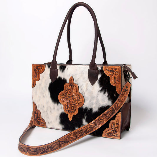LC-ADBGZ400 Cowhide Tote Bag with Tooled Leather Accents - Western Handcrafted Shoulder & Crossbody Bag