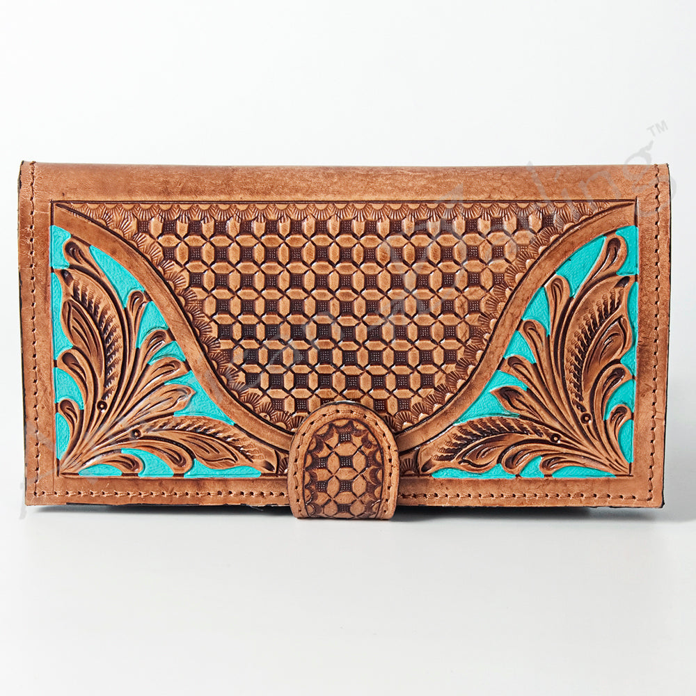 ADBGZ402 Tooled Leather Women Wallet with Turquoise Inlay - Western Floral Bifold Clutch