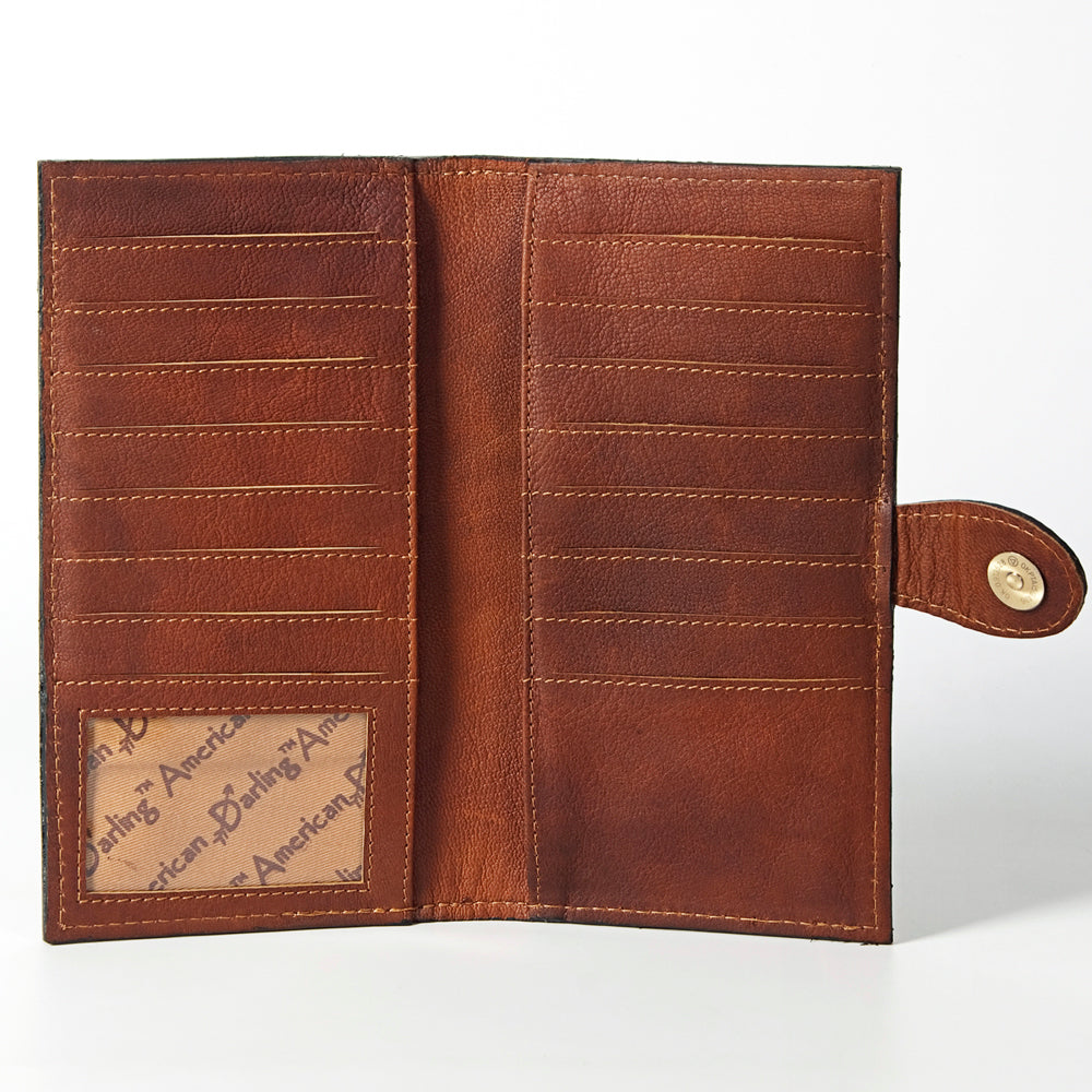 ADBGZ402 Tooled Leather Women Wallet with Turquoise Inlay - Western Floral Bifold Clutch