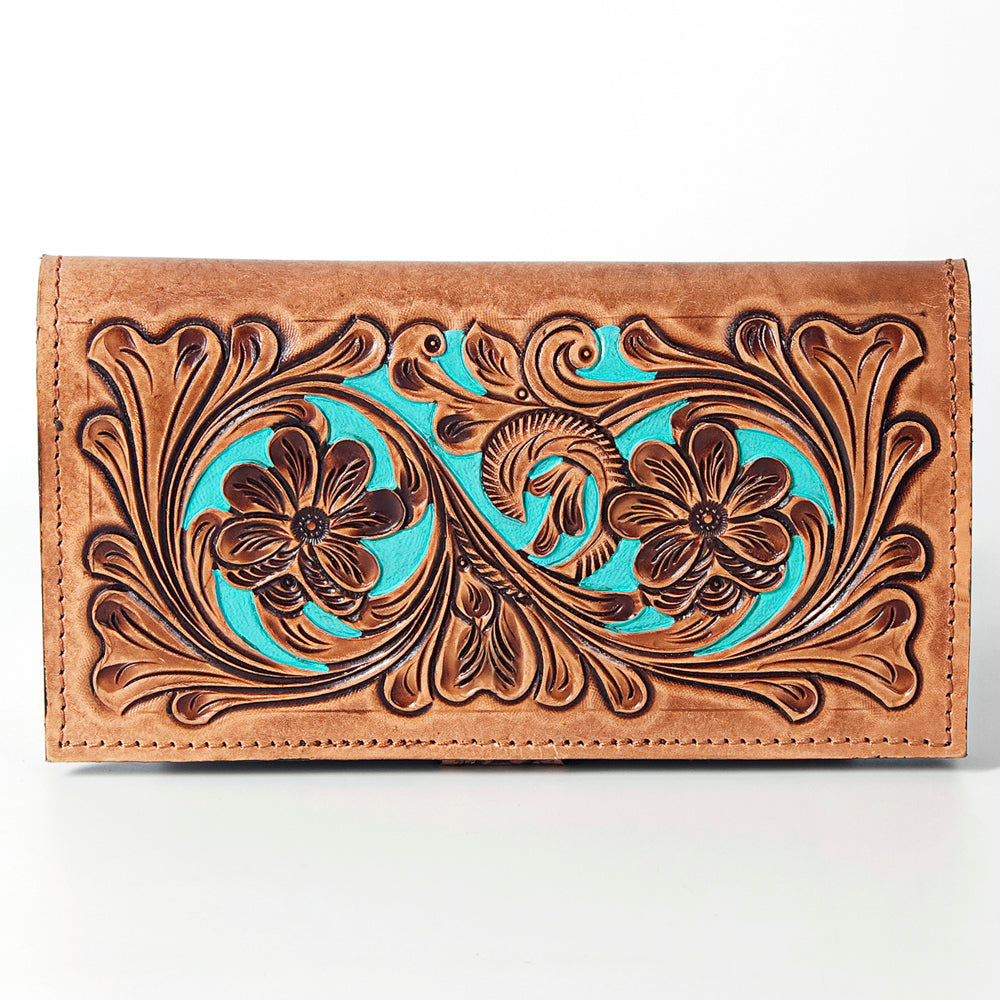 ADBGZ402 Tooled Leather Women Wallet with Turquoise Inlay - Western Floral Bifold Clutch