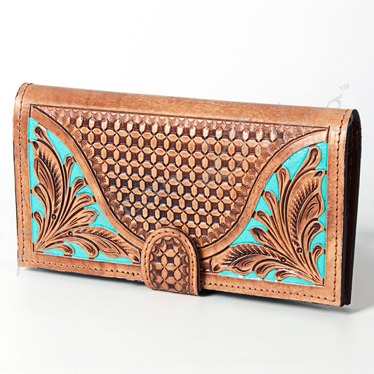 ADBGZ402 Tooled Leather Women Wallet with Turquoise Inlay - Western Floral Bifold Clutch