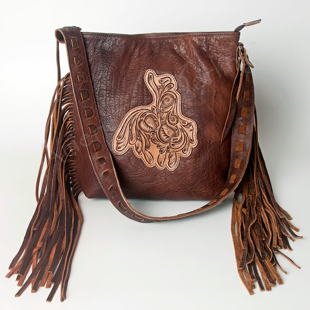 LC-ADBG719 Leather Fringe Crossbody Bag with Tooled Panel