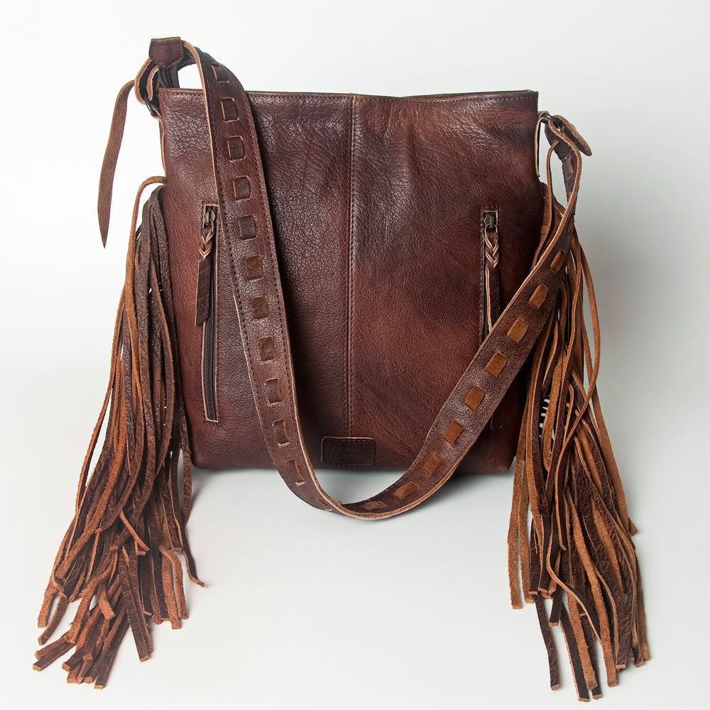 LC-ADBG719 Leather Fringe Crossbody Bag with Tooled Panel