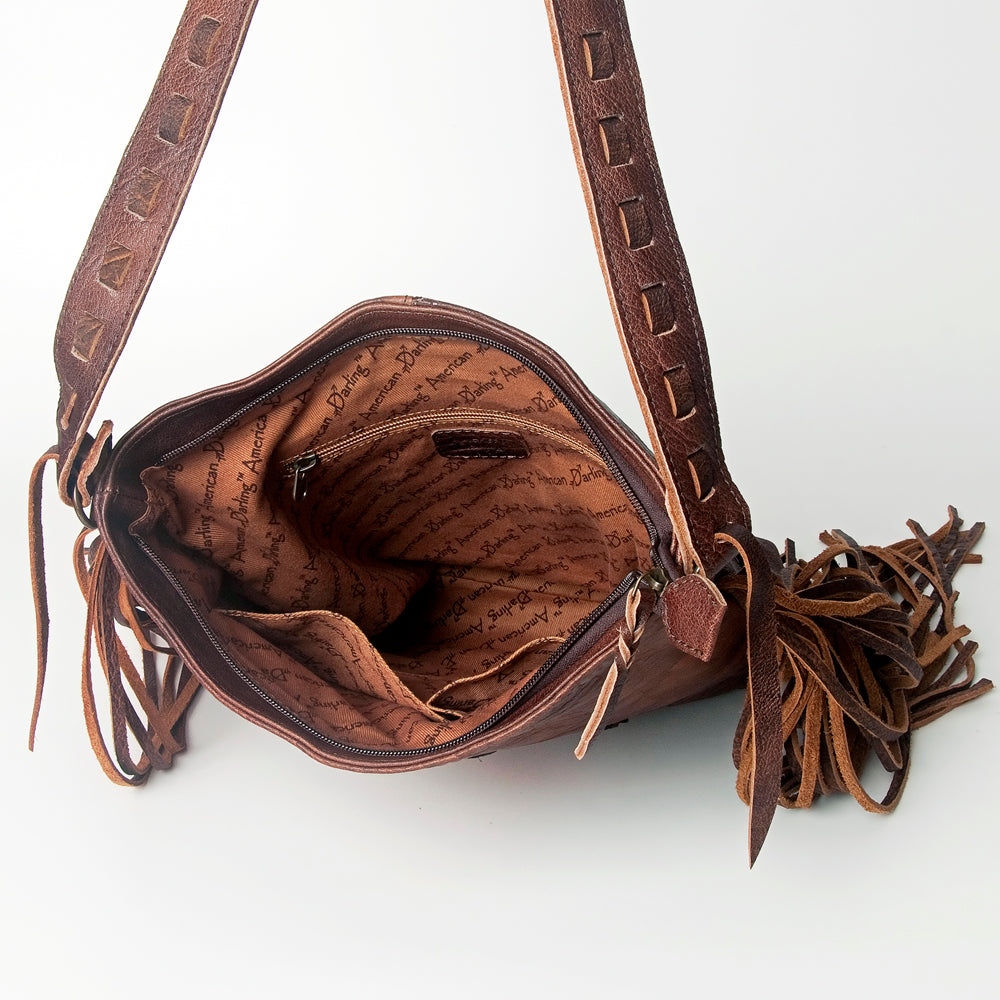 LC-ADBG719 Leather Fringe Crossbody Bag with Tooled Panel