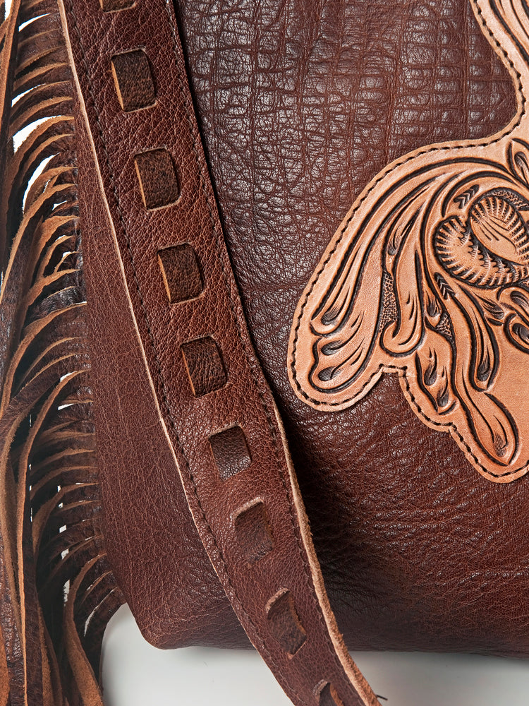ADBG719 American Darling Hand Tooled Leather Large Cross body Bag Western Fringed Handbag