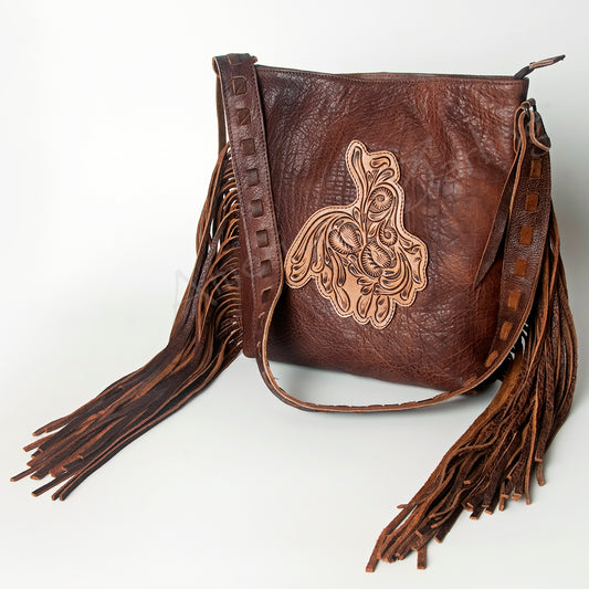 LC-ADBG719 Leather Fringe Crossbody Bag with Tooled Panel