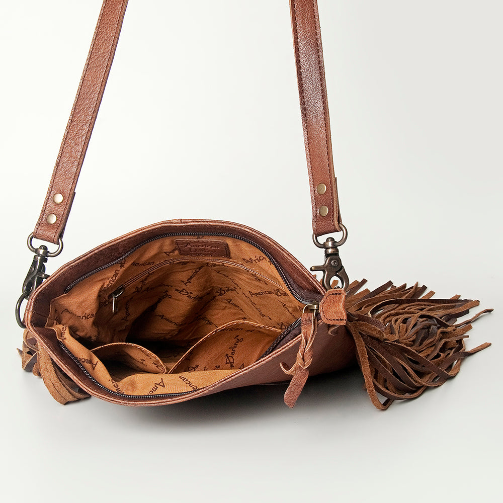 LC-ADBG719 Leather Fringe Crossbody Bag with Tooled Panel