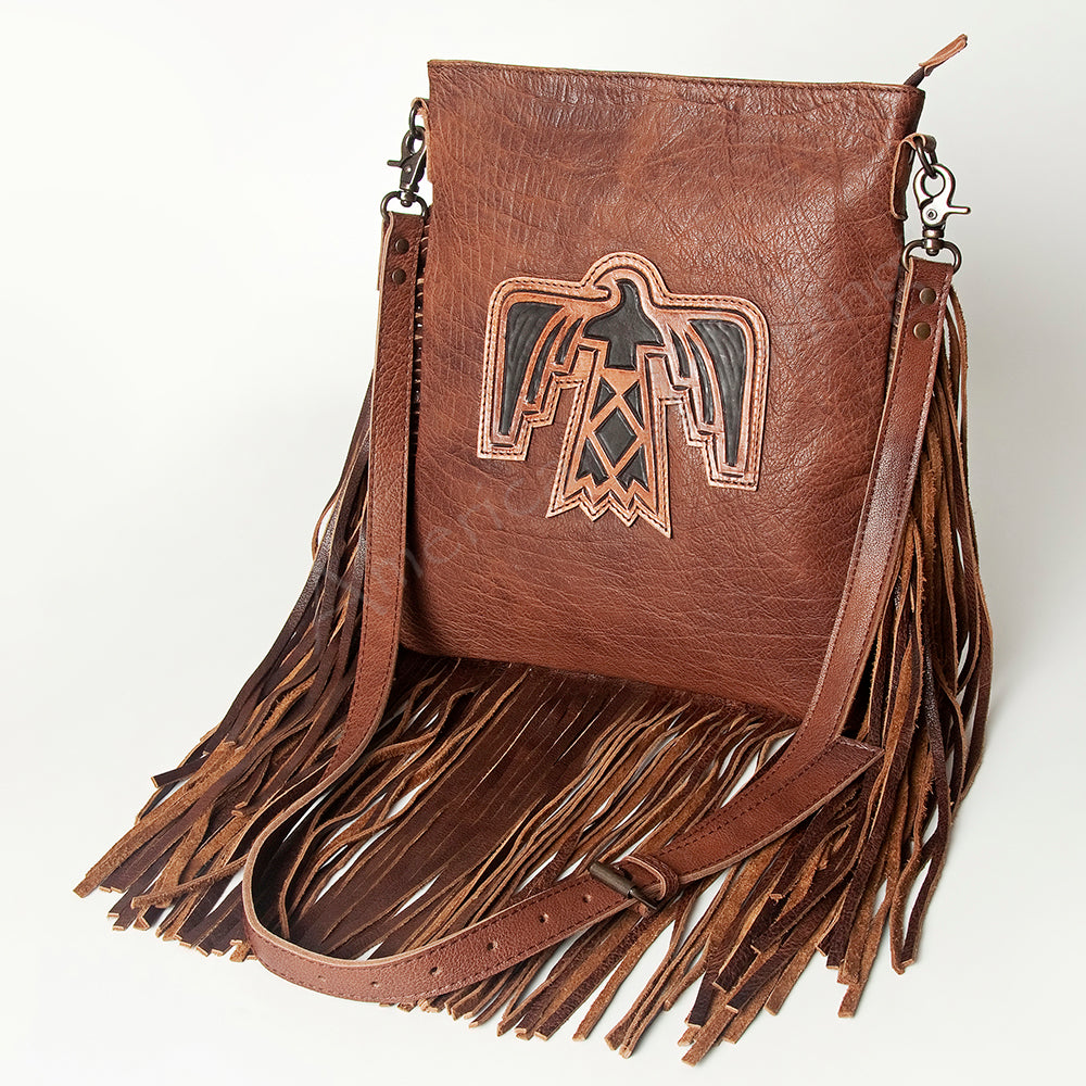 LC-ADBG719 Leather Fringe Crossbody Bag with Tooled Panel