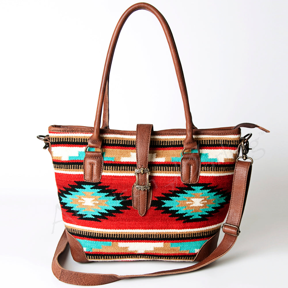 LC-ADBG723 Southwestern Saddle Blanket Tote Bag with Genuine Leather Trim & Buckle Accen