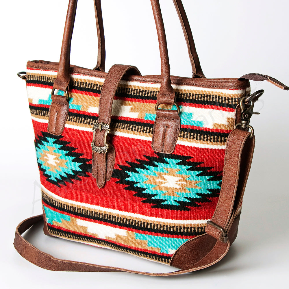 LC-ADBG723 Southwestern Saddle Blanket Tote Bag with Genuine Leather Trim & Buckle Accen