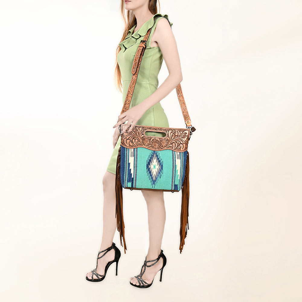 LC-ADBGS146 Southwestern Crossbody Bag - Hand-Tooled Leather & Wool Blend