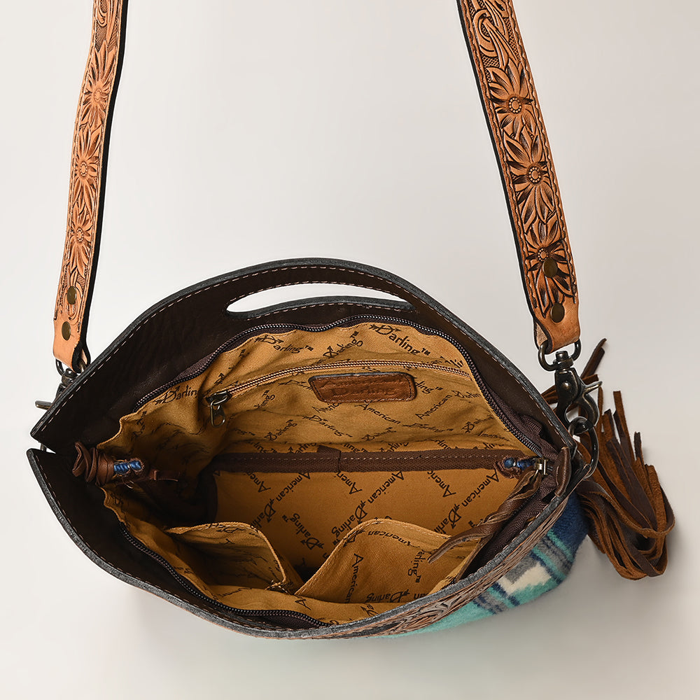 LC-ADBGS146 Southwestern Crossbody Bag - Hand-Tooled Leather & Wool Blend