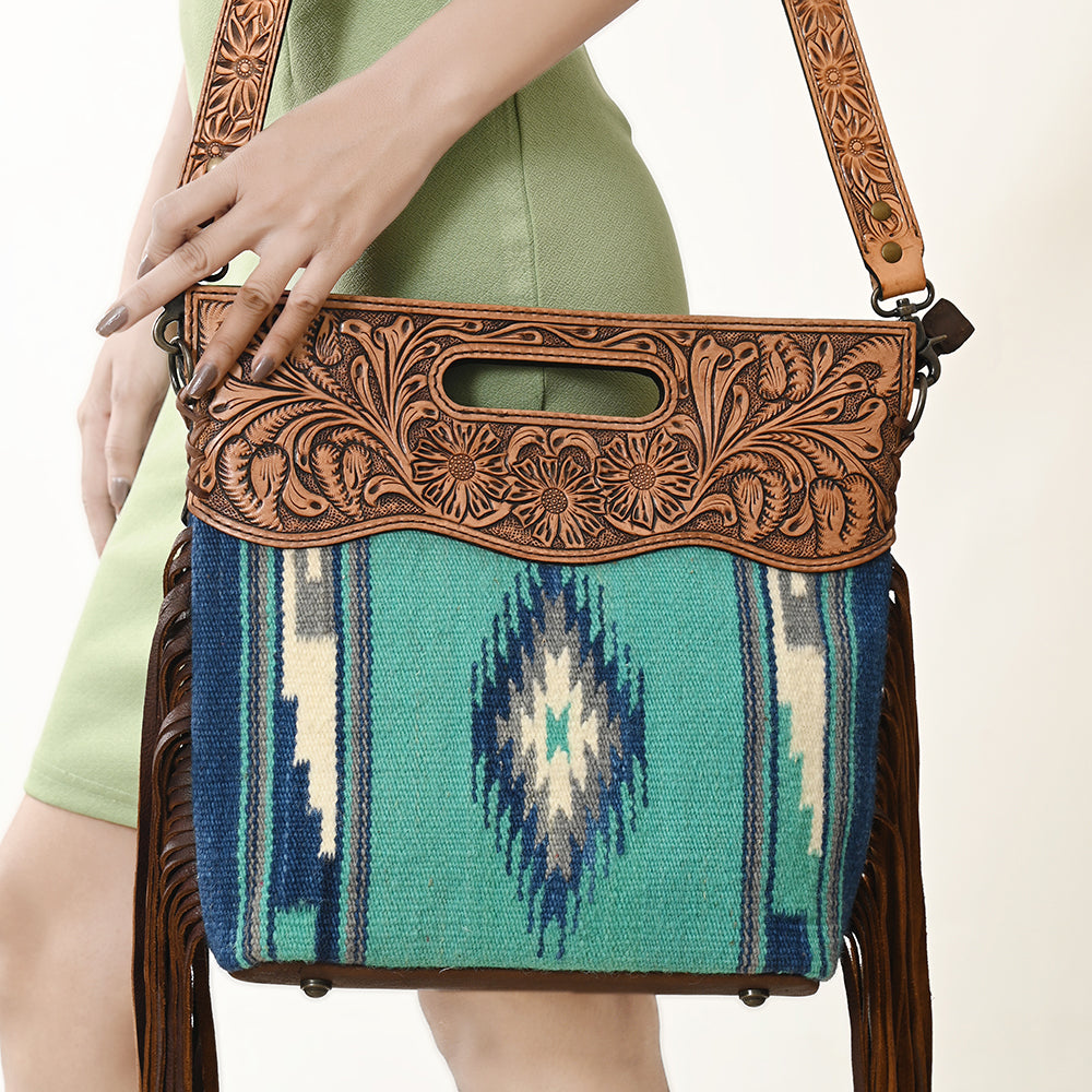 LC-ADBGS146 Southwestern Crossbody Bag - Hand-Tooled Leather & Wool Blend