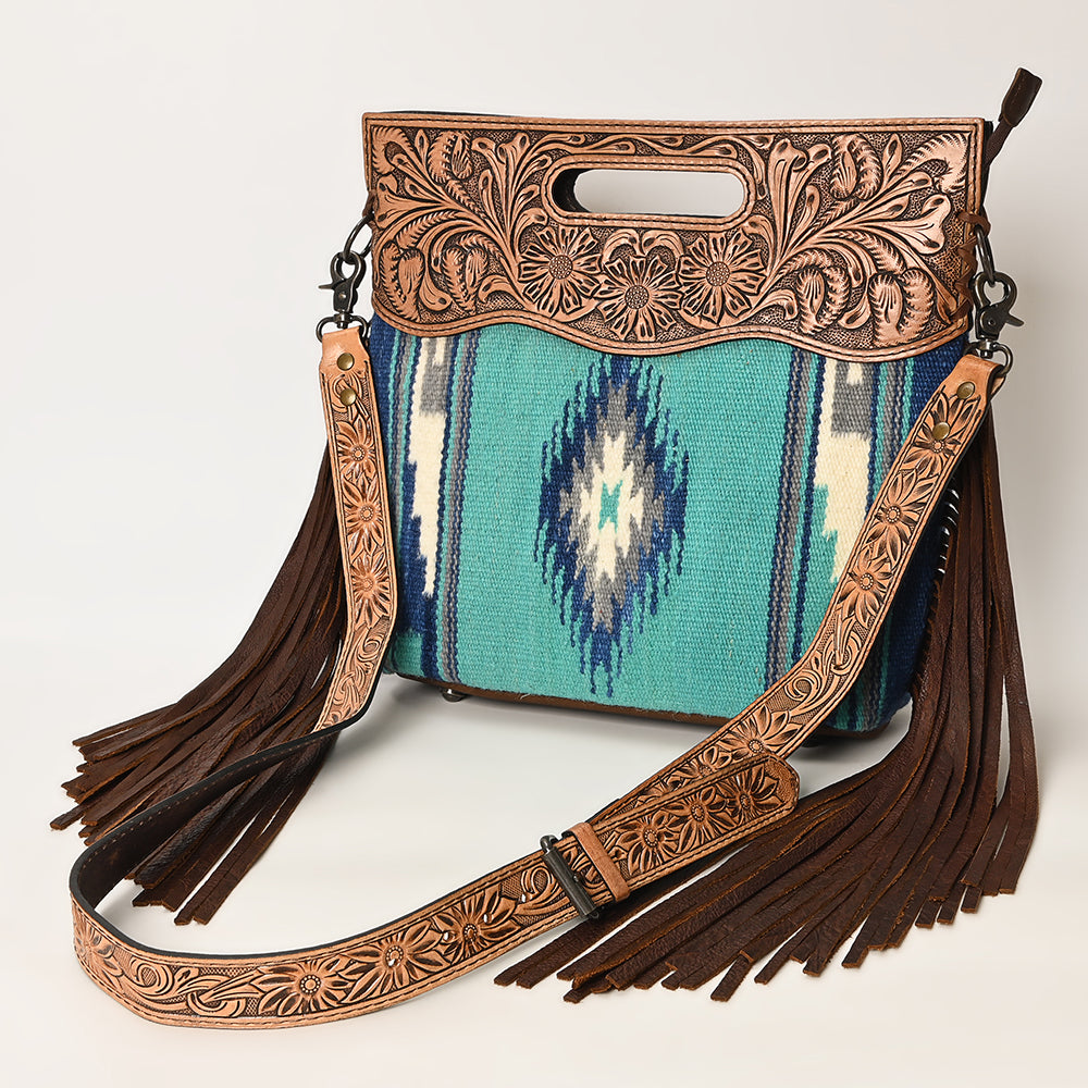 LC-ADBGS146 Southwestern Crossbody Bag - Hand-Tooled Leather & Wool Blend