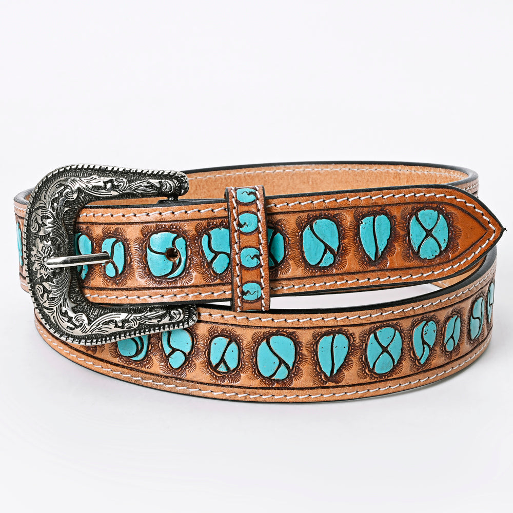 LC-ADBLF126 Western Tooled Leather Belt - Turquoise Stone Inlay Design