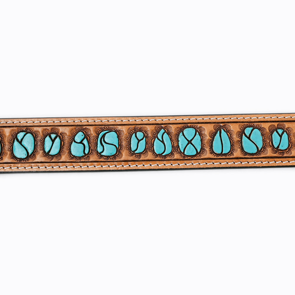 LC-ADBLF126 Western Tooled Leather Belt - Turquoise Stone Inlay Design