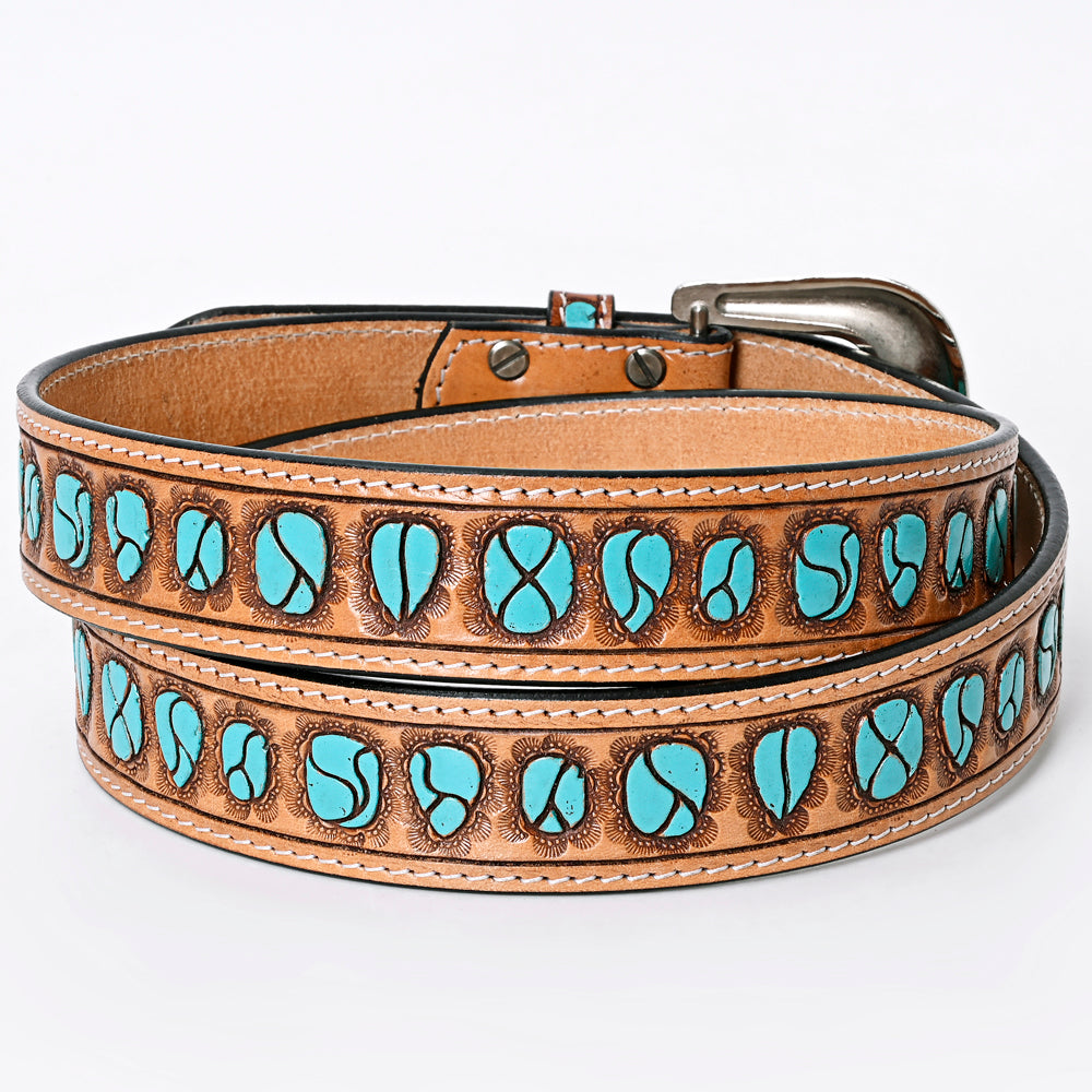 LC-ADBLF126 Western Tooled Leather Belt - Turquoise Stone Inlay Design