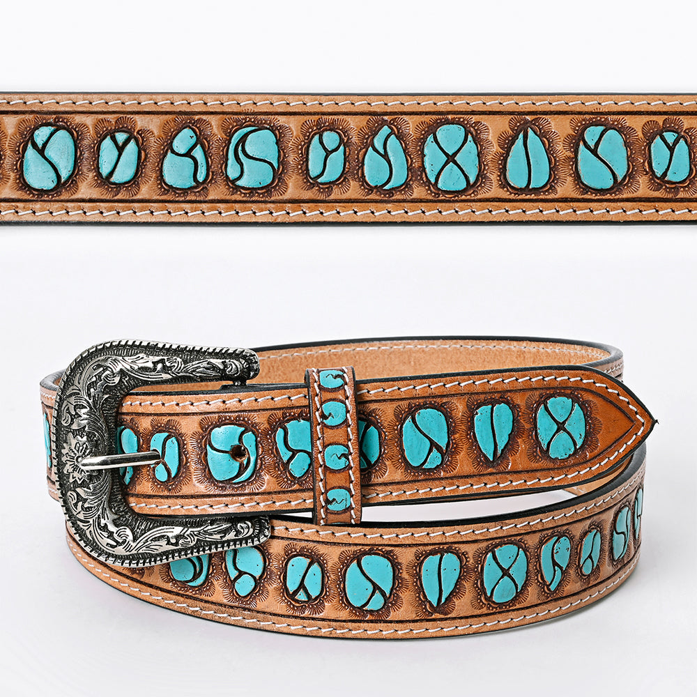 LC-ADBLF126 Western Tooled Leather Belt - Turquoise Stone Inlay Design