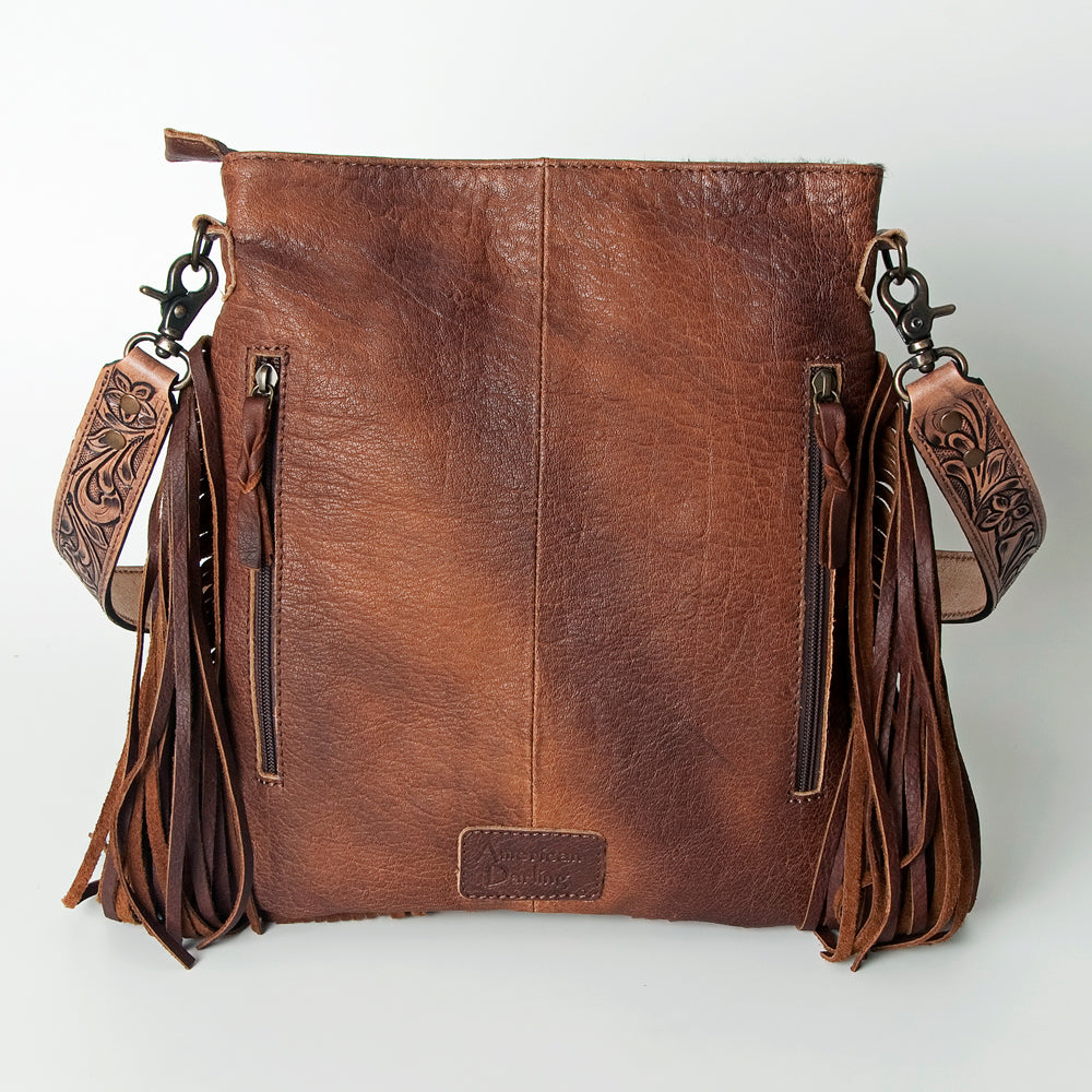 ADBGS192 Cowhide Large Crossbody Bag with Tooled Patch, Fringe & Floral Strap - Western Purse
