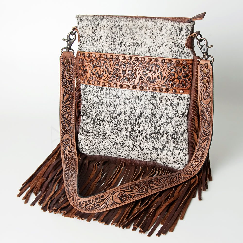 ADBGS192 Cowhide Large Crossbody Bag with Tooled Patch, Fringe & Floral Strap - Western Purse