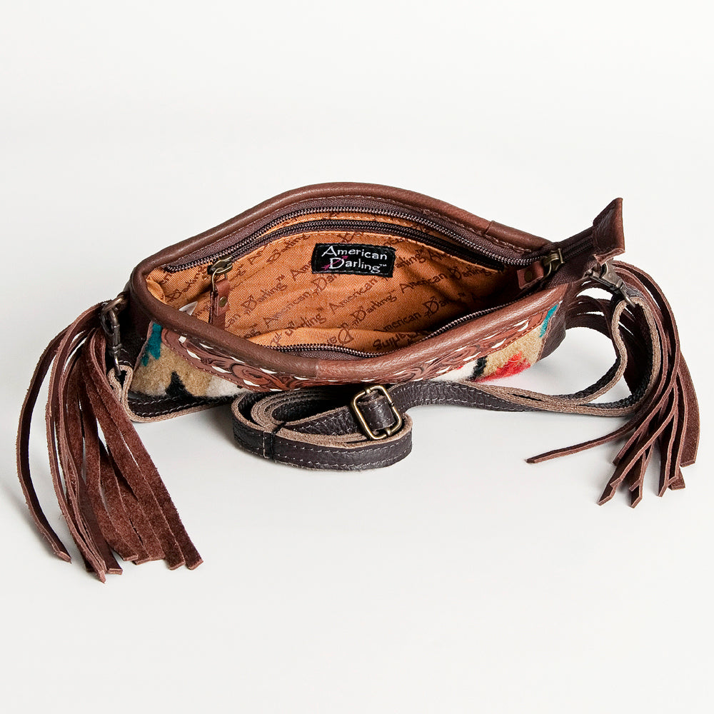 LC-ADBGA188 Southwestern Wool & Leather Fringe Crossbody Bag with Hand-Tooled Flap